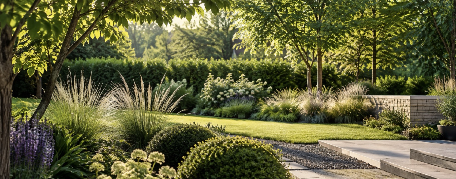 Gepflegter Garten mit Rasen, Rabatten und Gräsern im Abendlicht